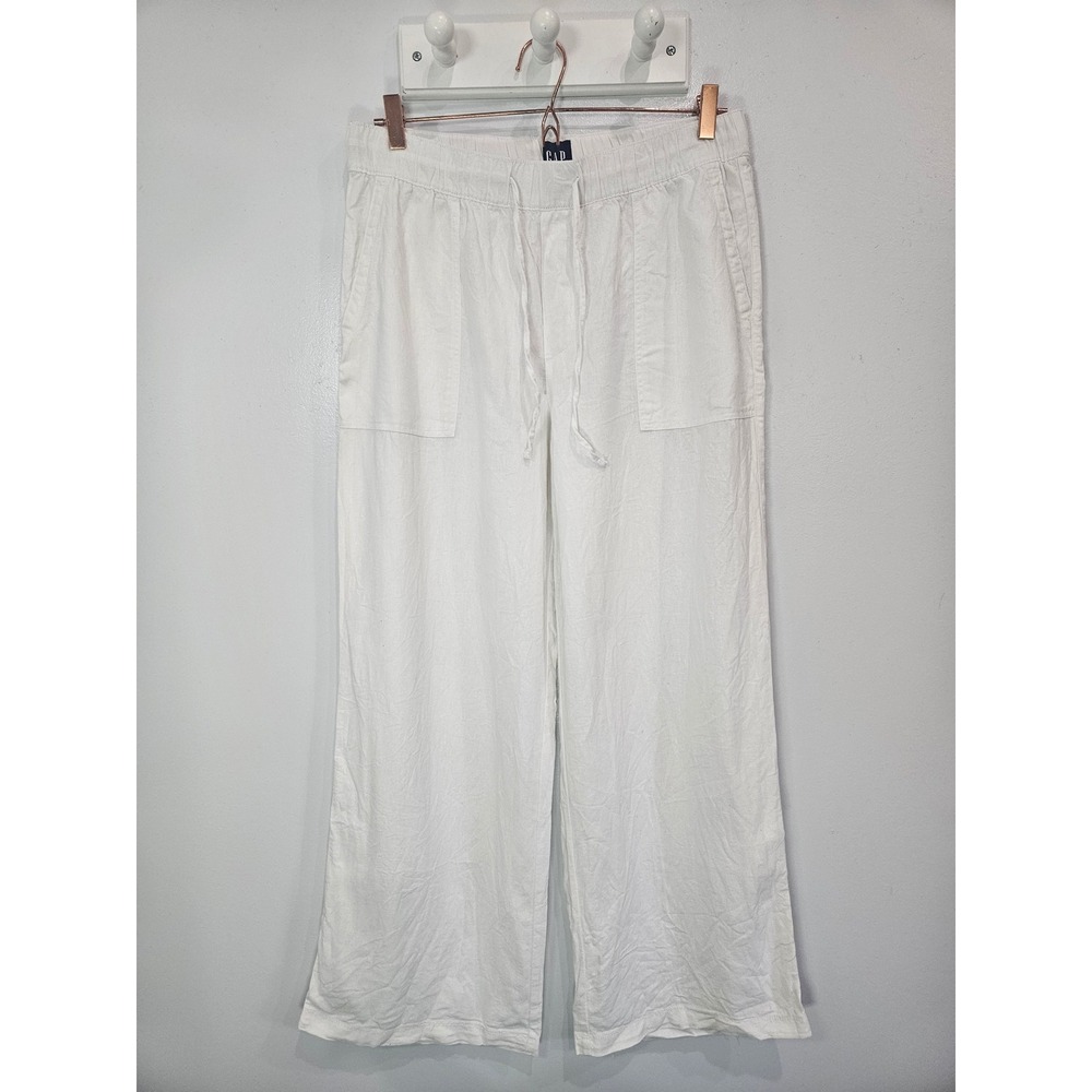 Gap Womens White Linen Blend Wide Leg Drawstring Pants Size M Relaxed Summer